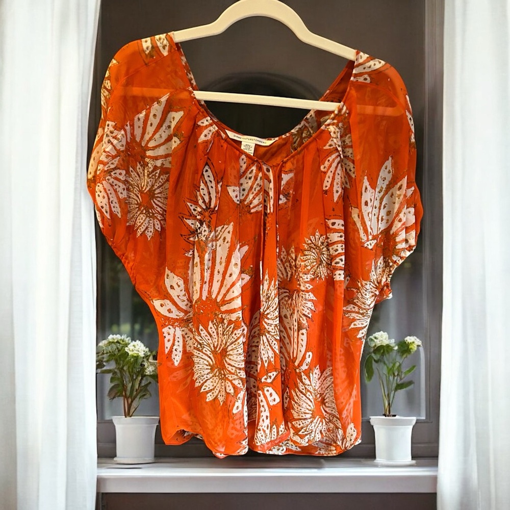 DIANE VON FURSTENBERG Merrill Silk Spiked Flower print Blouse Top in Flame 2